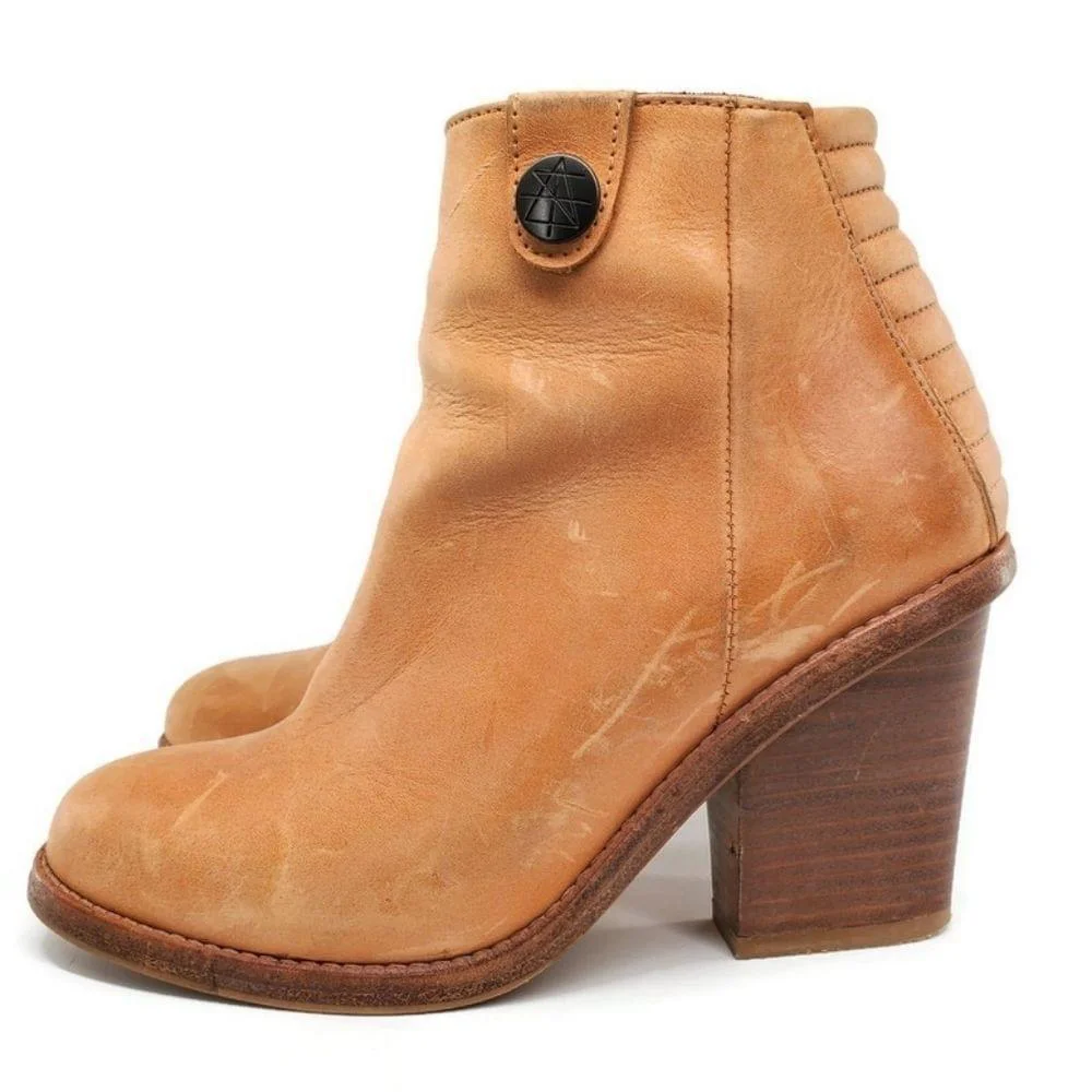 Surface To Air Tan Leather Stacked Block Side-Zip Almond Toe Ankle Boots